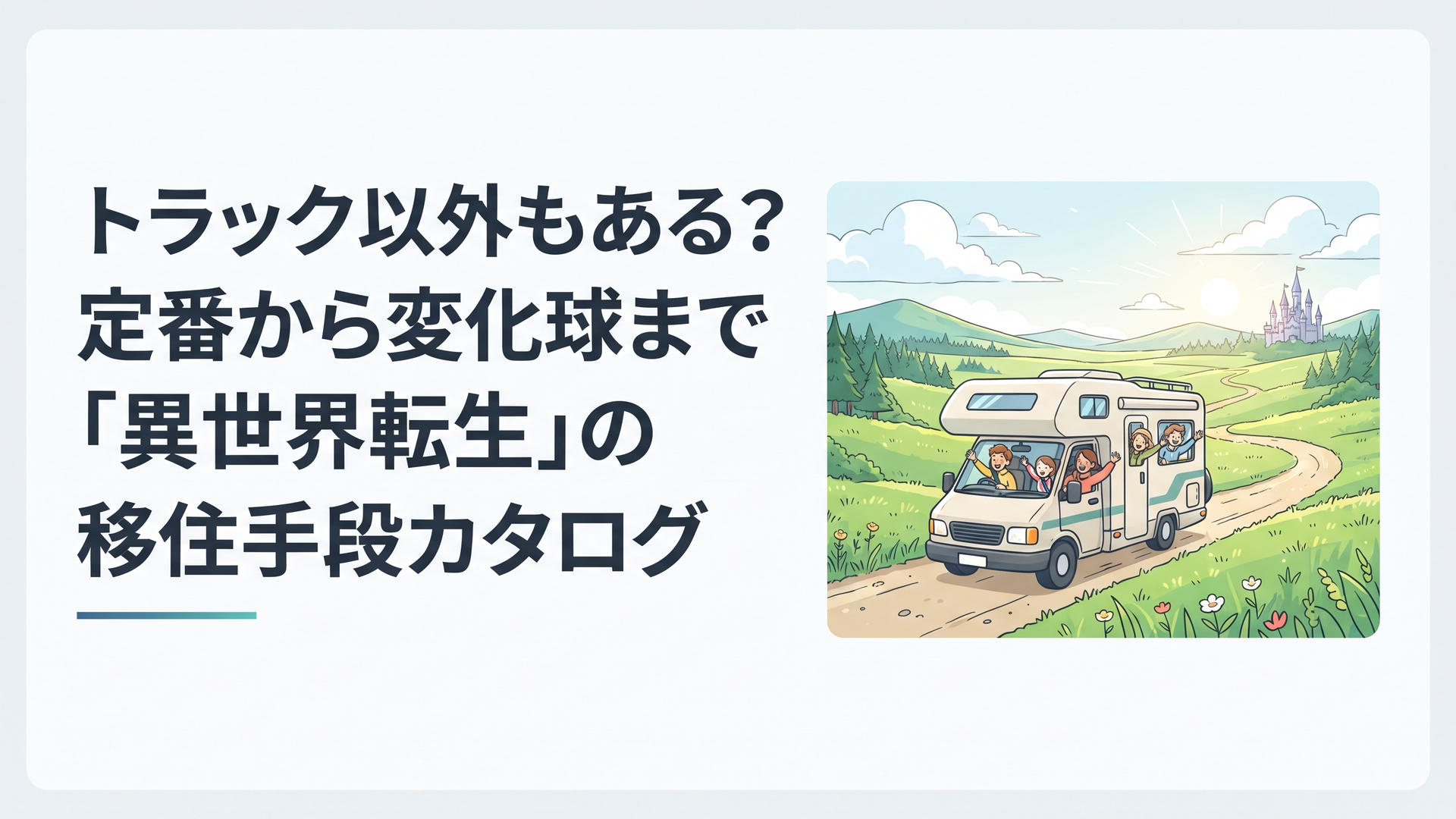 異世界の緑豊かな大草原をキャンピングカーで爽快に駆け抜ける旅のワクワクするワンシーン